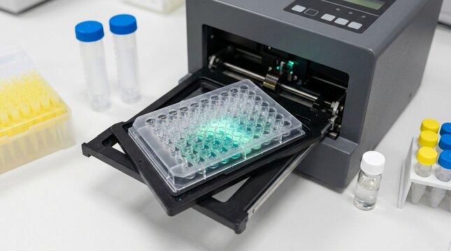 Endotoxin testing recombinant factor C fluorescent assay plate in a kinetic reader on a pharmaceutical QC bench close-up