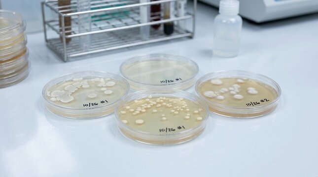 Microbiological growth promotion test plates showing positive growth controls on a QC incubation bench close-up