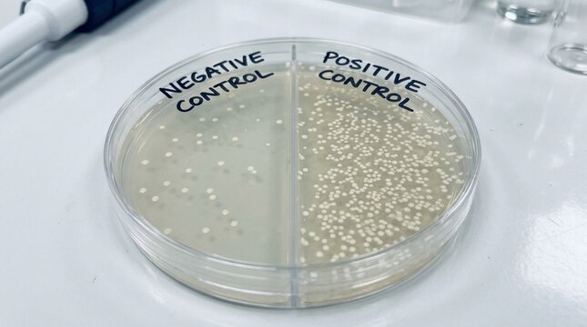 Genotoxicity testing Ames test plate with a positive and a negative control showing revertant colony counts close-up