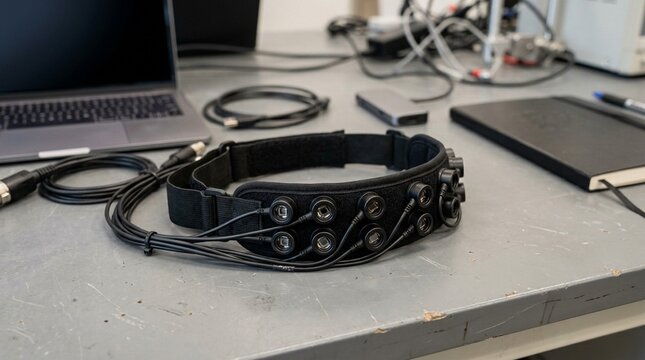 Functional near-infrared spectroscopy fNIRS headband with optical sensor pods on a neuroscience research desk close-up