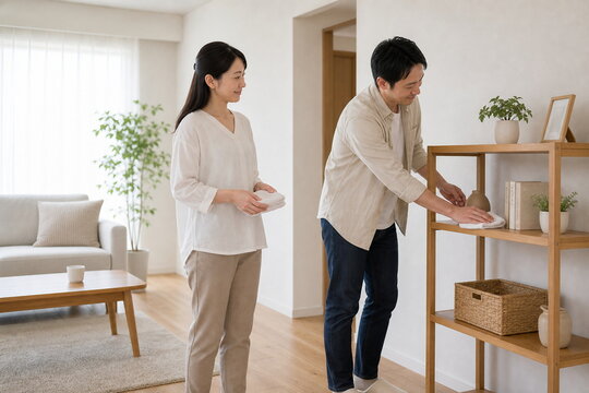 夫婦でリビングを片付ける共同家事の風景