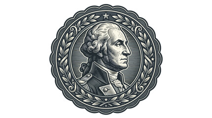 Vintage style circular emblem featuring the profile portrait of George Washington surrounded by laurel leaves. © Kaff