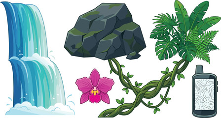 Jungle Adventure Vector Set with Tropical Waterfall, Mossy Stone, Liana Vines, Exotic Orchid Flower, Palm Leaves, and GPS Navigator Navigation Device © SHILA