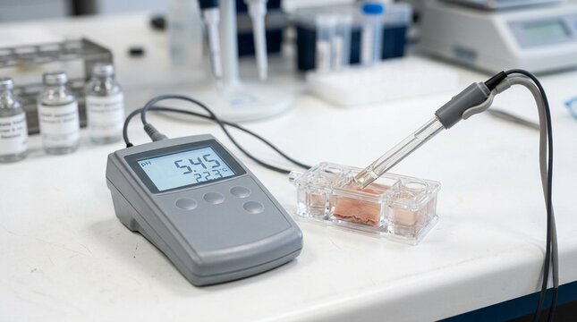 Skin surface pH meter with a flat glass electrode on a skin physiology research bench close-up