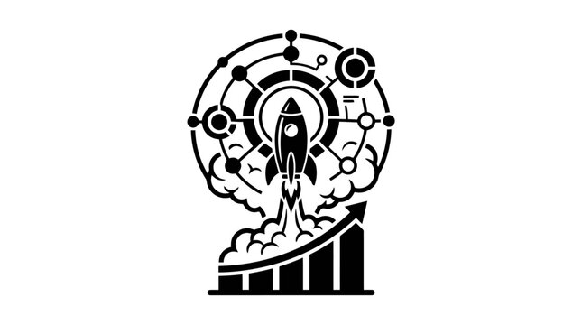 Black and white illustration of a futuristic rocket launch.