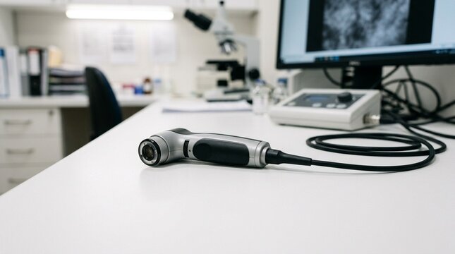 Reflectance confocal microscopy handheld probe for non-invasive skin imaging in a dermatology research suite close-up