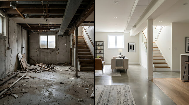 Transformation of an unfinished basement into a modern living space with bright interior design and contemporary furnishings