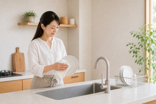 キッチンで白い皿を布で拭く女性の家事