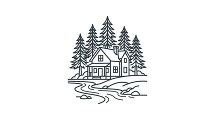 Fototapeta premium Clean Black and White Line Drawing of Cozy Cabin Nestled in Forest by a Stream with high quality professional line art symbols for modern creative design and digital branding projects