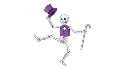 Fototapeta premium Happy cartoon skeleton dancing and tipping a purple top hat for Halloween performance flat vector illustration
