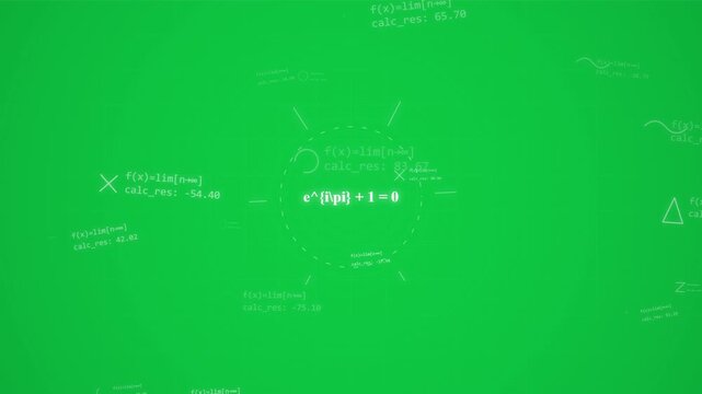 Green background with glowing white mathematical formulas, equations and diagrams, education, science, technology