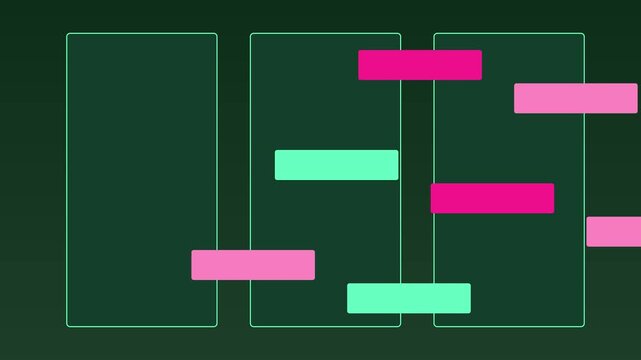Animated project management timeline chart with moving pink and green bars for business planning and task tracking animation 4k