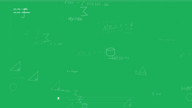 abstract mathematical formulas and geometric shapes, science education, complex equations on green background