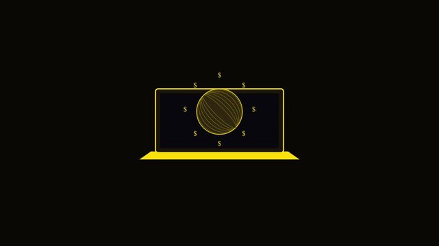 Laptop computer with rotating golden sphere and floating dollar signs animation 4k finance business money