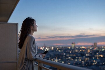 Fototapeta premium 夕方のベランダでスマホを持ち悩む女性