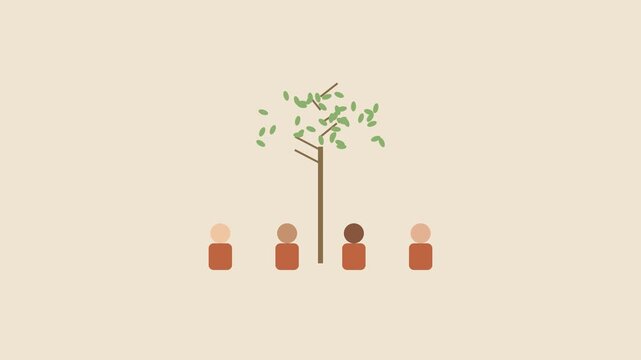Minimalist people sitting under a tree for diversity and community concept animation 4k