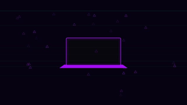 Neon purple laptop with floating geometric triangles abstract digital 4k background, animation computer
