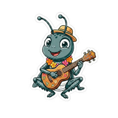 Cute cartoon cricket playing ukulele wearing lei and hat