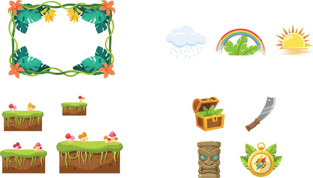 Tropical Jungle Game Asset Kit Featuring Vine Border Frame, Weather Weather Icons, Grass Platform Blocks, Chest, Machete, Tiki Mask, and Compass
