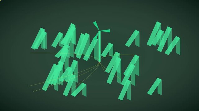 Abstract green wind turbine energy concept animation with digital data network lines and geometric shapes 4k