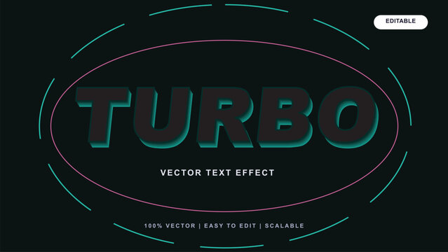 Turbo vector text effect, futuristic racing font style with 3D teal glow, editable automotive typography for gaming and sports branding