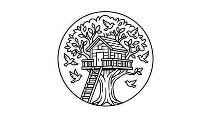 Creative Black and White Treehouse with Birds and Leaves in a Circular Frame with high quality professional line art symbols for modern creative design and digital branding projects © SLAMET YABIDI
