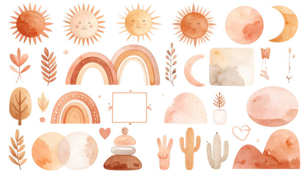Cute Boho Watercolor Illustrations Set Earthy Tones Sun Moon Rainbow Cactus Elements Design Clipart