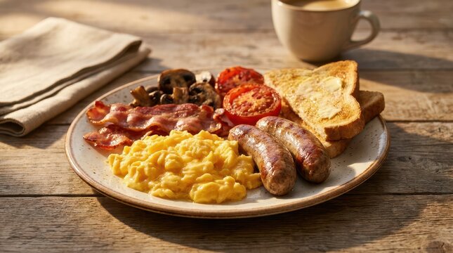 Delicious full English breakfast with sunny side eggs sausages tomatoes and coffee cup