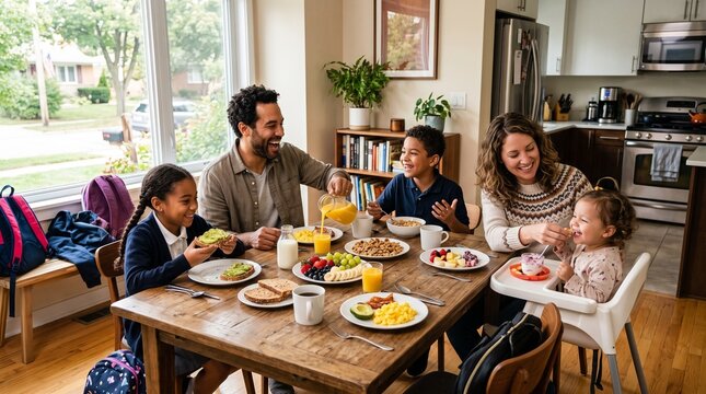 Family sharing a healthy breakfast before starting their busy day.