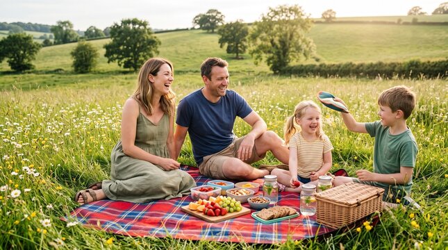 Cheerful family picnic surrounded by beautiful nature on a sunny day.