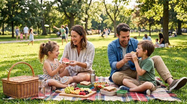 Cheerful family spending quality time together during a relaxing outdoor picnic.