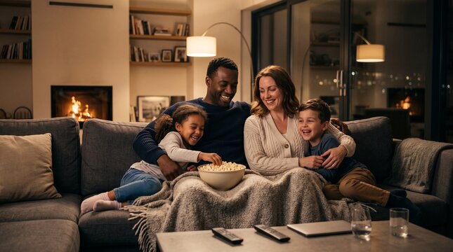 Warm family movie night creating memorable moments inside a cozy modern home.