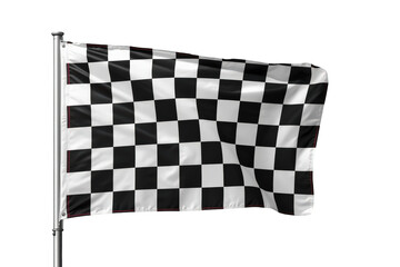 Obraz premium Checkered flag waving on flagpole, symbolizing racing finish line, victory, competition, and speed with transparent background