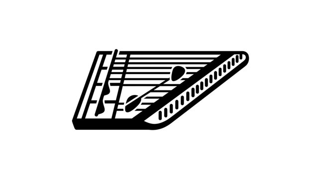 Black and white icon of a cimbalom, a type of hammered dulcimer, isolated on white.