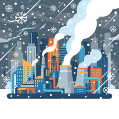 Obraz premium Industrial Cityscape Factory Smoke Winter Landscape Illustration Vector Art