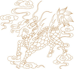 Obraz premium Chinese Kirin Dragon Mythical Animal Paper Cut Design with Cloud Pattern, Traditional Cultural Ornament