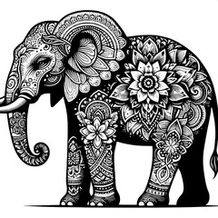 Obraz premium Elegant Elephant with Intricate Floral and Mandala Patterns Black and White Vector Illustration