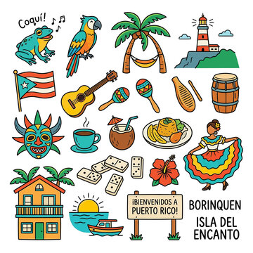 Puerto Rico Culture Icons: Coqui, Parrot, Flag, Music, Food, Dance, Dominoes