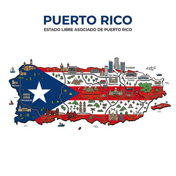 Puerto Rico Map Illustration with Landmarks and Flag Colors