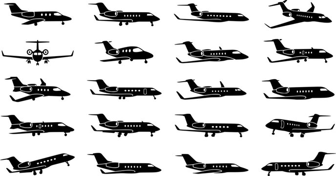 Private Jet Silhouette Icon Set Isolated on White Background &ndash; Luxury Business Aircraft Vector Collection for Aviation, Travel and Corporate Transportation