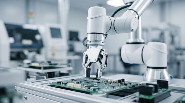 Industrial robotic arm assembling electronic circuit board on conveyor belt in automated factory, high precision manufacturing technology and automation concept