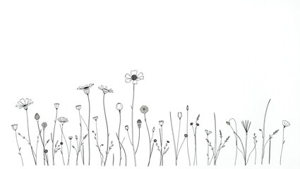 Obraz premium Minimalist black and white line drawing of a field of wildflowers