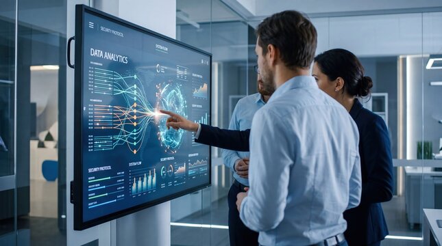 Business team analyzing big data analytics and security protocols on large digital screen, discussing network trends and cyber safety strategies.