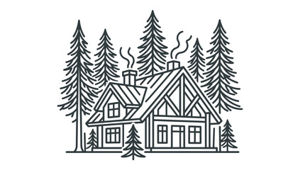 Obraz premium Industrial Style Black and White Line Drawing of a Cozy Cabin Nestled Among Tall Pine Trees with Smoke from Chimney