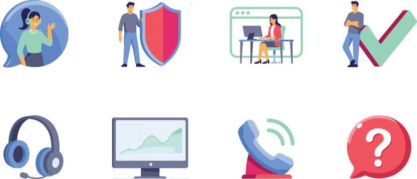 Flat Vector Customer Service Icon Set Featuring Support Agents Shields Checkmarks Headsets Computers Telephones and Question Marks for Business Helpdesk Graphic Designs