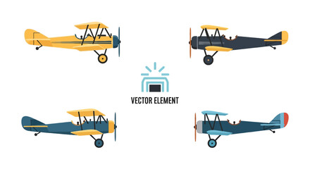 Set of vintage biplane aircraft in various colors © farel