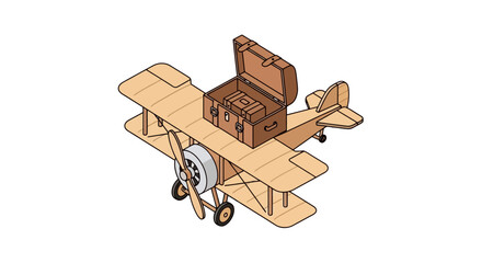 Vintage biplane aircraft with travel luggage suitcase © farel