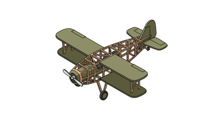Isometric biplane with exposed wooden frame construction © farel