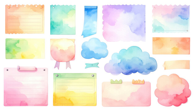 PNGMURNI--transparent background Firefly A flat-lay digital illustration of a curated collection of watercolor-style sti