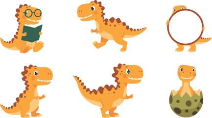 Obraz premium Cute Cartoon Baby T-Rex Dinosaur Vector Set with Reading Running Hatching and Playful Poses for Kids and Jurassic Designs